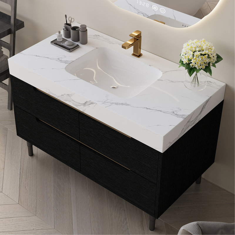 Meuble-lavabo moderne avec lavabo sous comptoir, plateau en pierre frittée, bois massif multi-couches imperméable, rangement à 4 tiroirs, autoportant / mural
