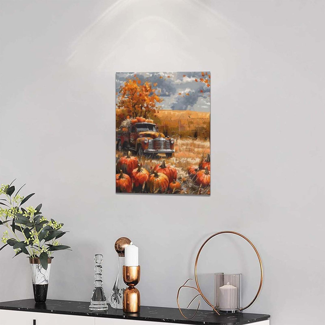 Fall Decor Wall Art Farmhouse Autumn Pumpkins Pictures Wall Decor Country Autumn Leaves Red Truck Canvas Painting Print Modern Home Decorations Artwor