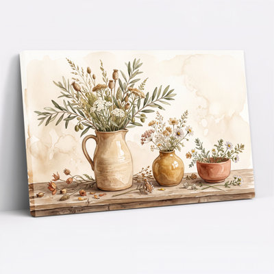 Nature morte botanique avec branches d'olivier et gousses de graines, tableau sur toile