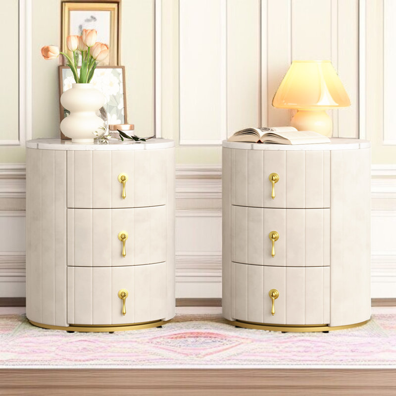 Table de chevet rembourrée à 3 tiroirs, Ensemble de 2, Beige