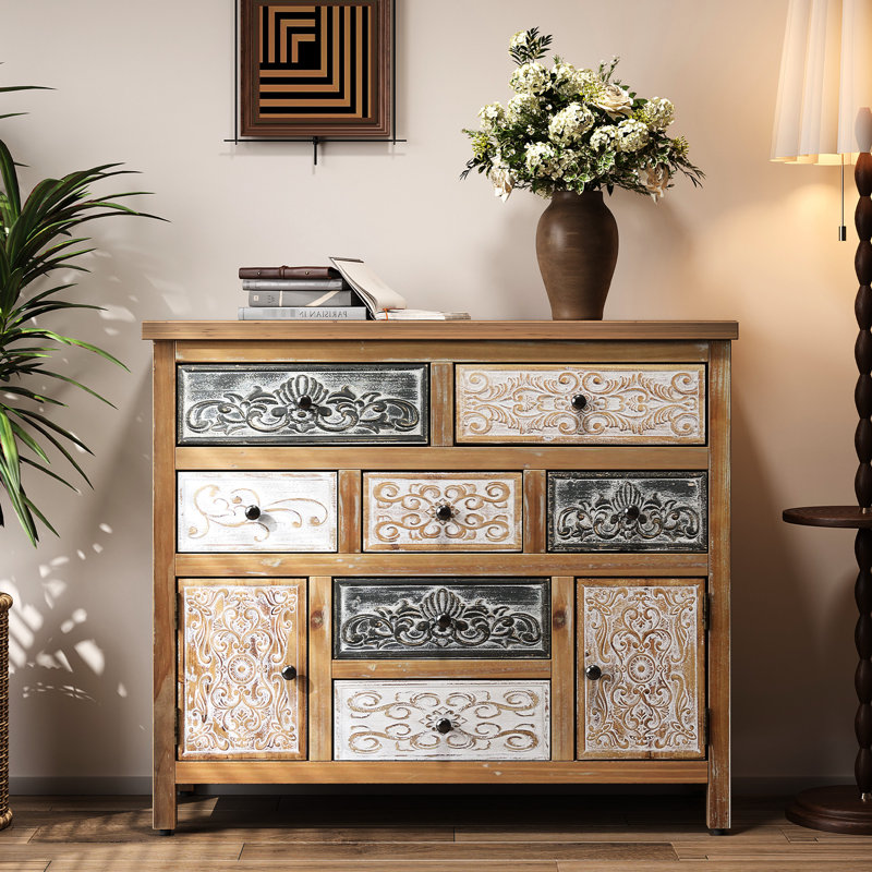 Commode rustique rétro avec 7 tiroirs et 2 armoires, idéale pour la chambre à coucher, le vestibule, le salon, la décoration, L 38,67 po x l 13,64 po, H 36,22 po