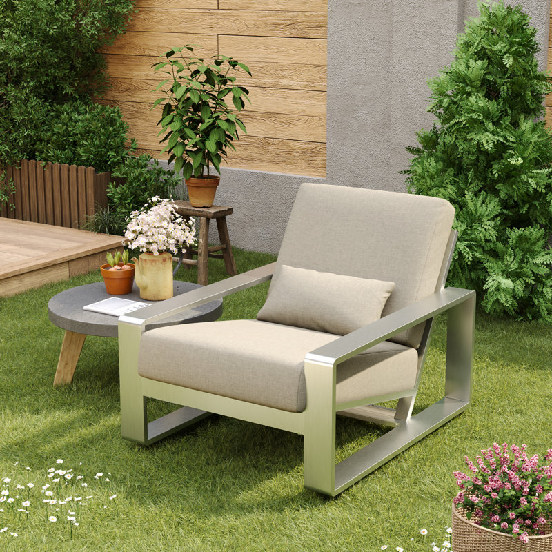 Chetan Indoor/Outdoor Aluminum Lounge Chair, Silver Frame/Beige Cushion