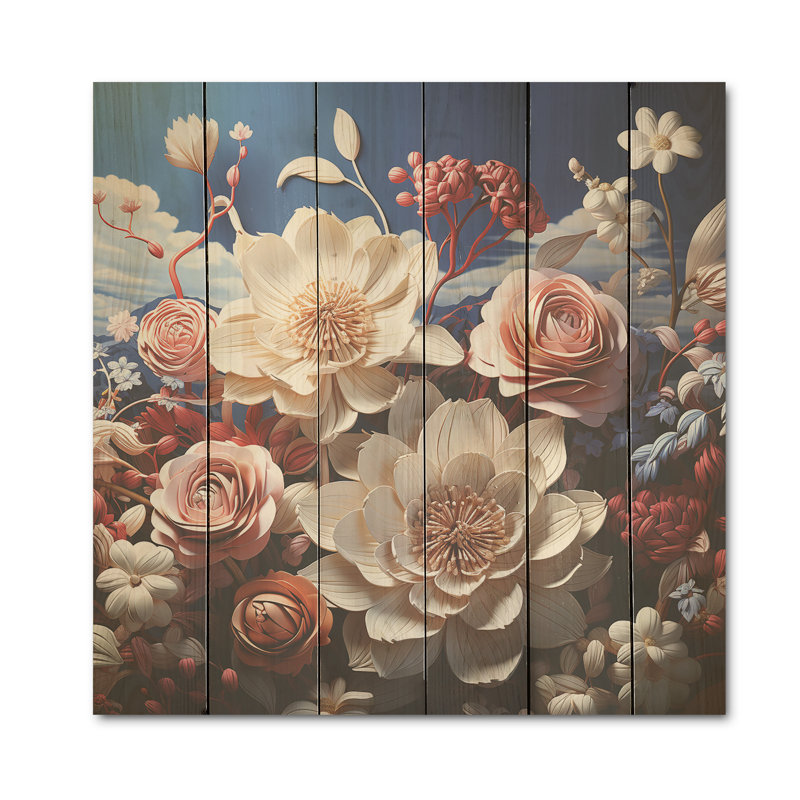 «Hortensia jardin surréel», art mural sur bois de pin naturel, H 36 po x l 36 po