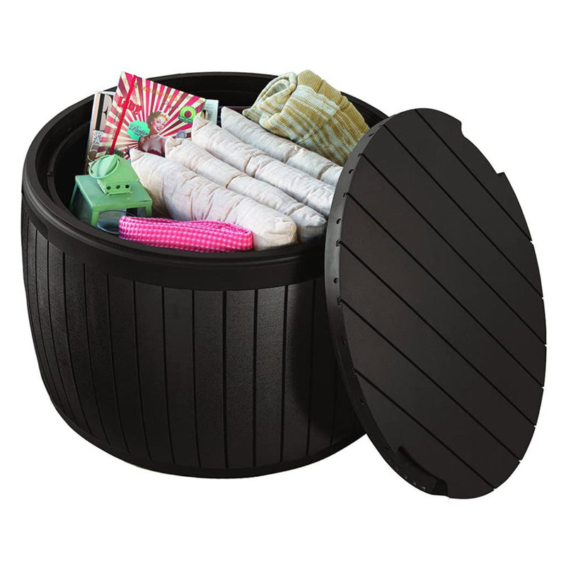 Brown Circular Resin Patio Deck Storage Box with Wood Texture