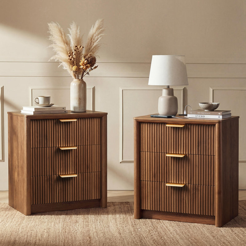 Walnut Nightstand Set of 2 with Charging Station, 3 Drawer Wood Fluted Bedside Table Set, 19.7" L × 15" W × 24" H
