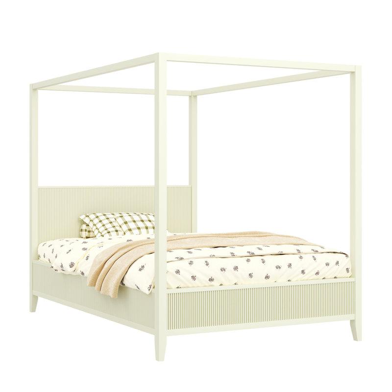  King Size Wood Canopy Bed Frame with Headboard, Four Poster Platform Bed Frame with Wooden Support Slats, No Box Spring Needed, Easy Assembly, Beige