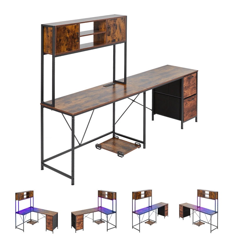Bureau de jeu en L avec lumières DEL, bureau d'ordinateur de coin réversible de 62,2 pouces avec prises de courant, support pour unité centrale mobile et tiroirs de rangement, table de jeu moderne et élégante pour PC pour le bureau à domicile