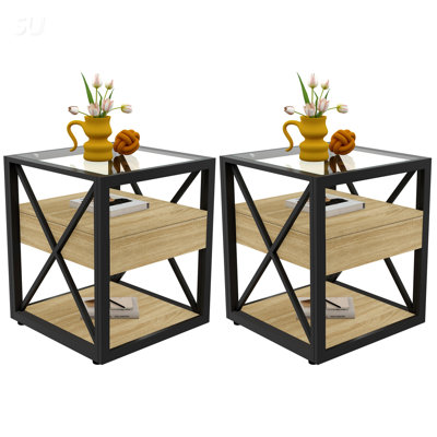 Ensemble de 2 tables de bout modernes avec tiroir, panneau de fibres à densité moyenne grain de bois rustique et plateau en verre trempé, style industriel pour les chambres à coucher et les salons