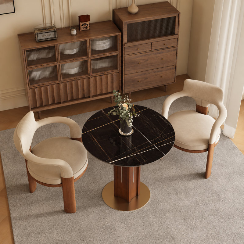 Table de salle à manger ronde 33 po de luxe avec piédestal multicouche en noyer et base en or brossé - disponible en verre, marbre, marbre chaud et dessus en marbre noir