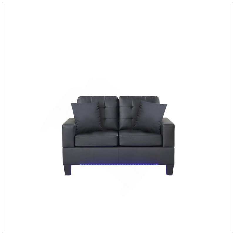 Ensemble de canapé-lit en tissu de PVC noir avec lumières DEL, chargeur USB, console de rangement, porte-gobelets, coussins capitonnés
