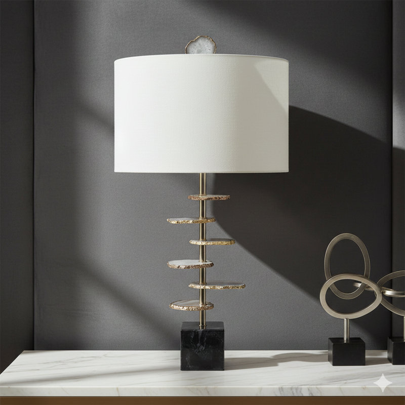 D14x29.5" Smoke Agate-Slice Table Lamp W/ Marble Base
