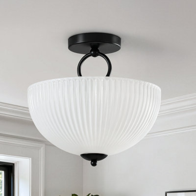 Plafonnier semi-encastré moderne de 30 cm avec abat-jour en verre opale côtelé pour couloir ou chambre