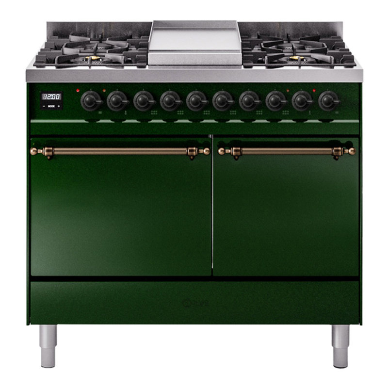 ILVE Nostalgie II Series 40 inch Dual Fuel Range with 6 Sealed Burners, Griddle (Solid Door), Emerald Green/Bronze