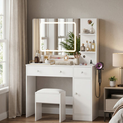 Makeup Vanity Dressing Table with Lighted Mirror & Power Outlet Charging Station, 3-Color Lighting, Drawers & Storage Cabinet
