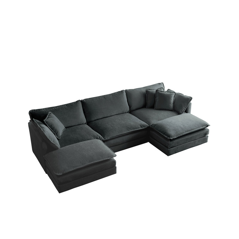 Canapé modulaire en U en forme de U avec 2 repose-pieds, 5 chenilles grises, tissu confortable, repose-pieds réversible moderne en bois massif, structure en chenille