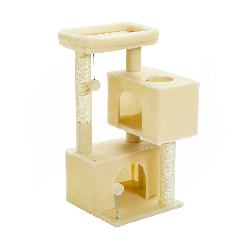 Arbre à chat compact et fonctionnel avec grattoir, peluche et aire de repos pour le divertissement félin à l'intérieur, Beige