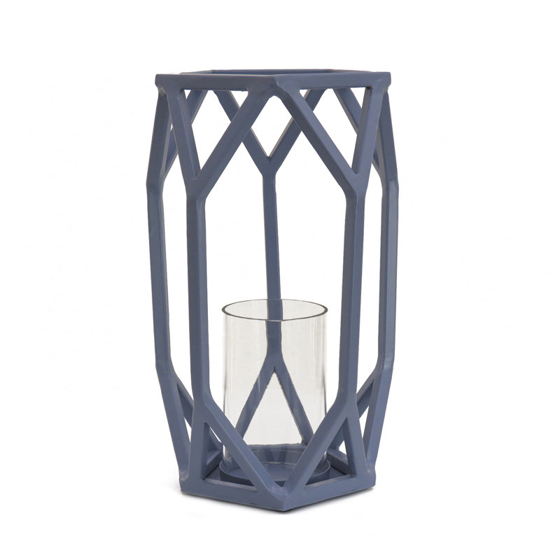 11'' H Iron Tabletop Lantern, Dusty Blue