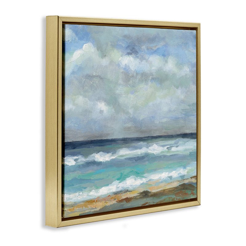  «Summer Seashore Waves» par Silvia Vassileva, H 25 po x l 25 po, Cadre flottant métallique doré