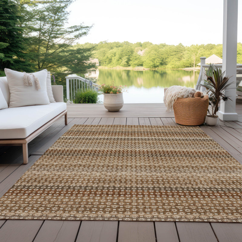 Rectangular Brown and Beige Synthetic Flat Woven Rug