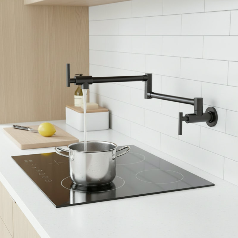 Commercial Wall Mount Pot Filler Kitchen Faucet, Folding Stretchable Double Joint Swing Arm With Dual Handles, Matte Black
