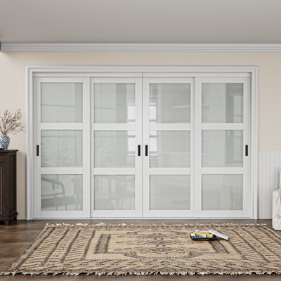 80"H 4-Panels Full-Assembled Tempered Glass Closet Sliding Doors With Hardware Kit & Handles(No Assembly Required)