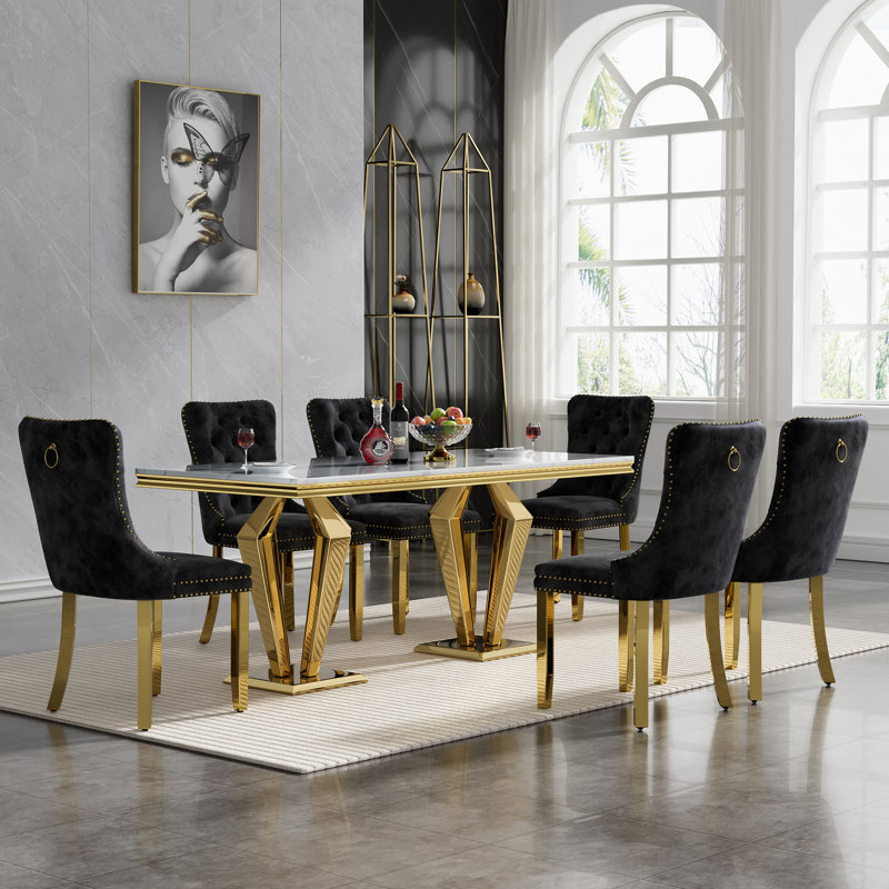 Rectangle Dining Table Set, Faux Marble Dining Table & Velvet Chairs with Stainless Steel Pedestal, 68" Dining Room Table and Chairs Set, Luxury Dining Table Set