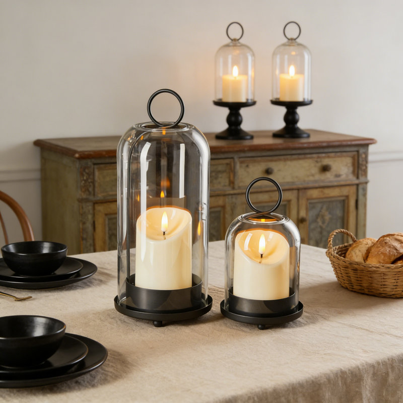 Brass Hurricane Candle Holders Set Of 2 With Glass Domes, For Pillar Candles And Plants, Black