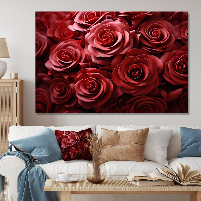 «Red Classic Rose Resencer I - Roses», art mural, Cadre doré à coins fermés, H 30 po x l 40 po x P 1,5 po