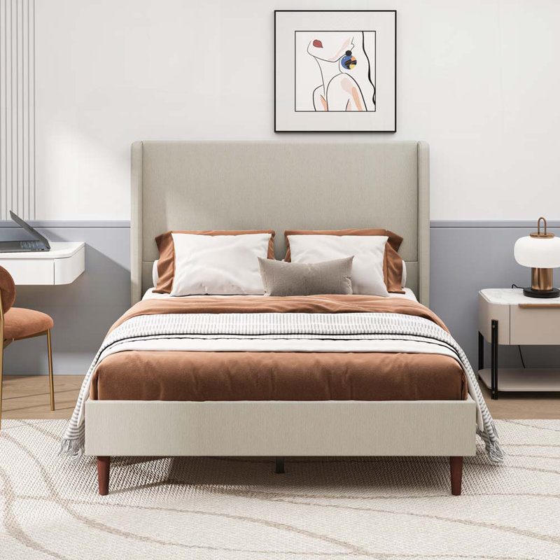 Lit tapissier en chenille, Beige Linen, Grand lit
