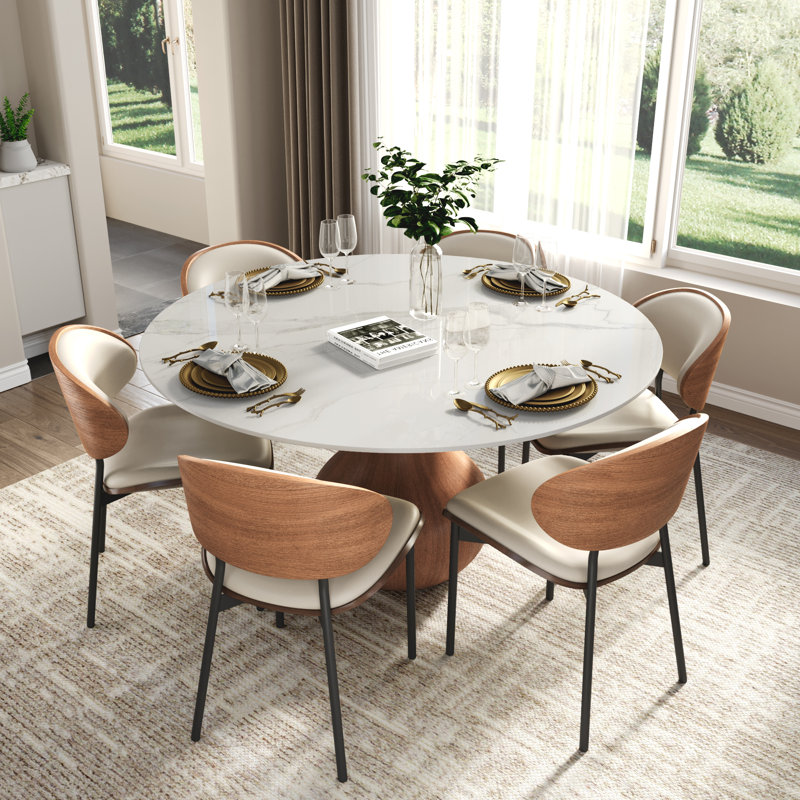 Otelia 7Pcs Dining Set Wide Seats For 4/6/8/10, Glossy White/Brown, White, 29.52" H x 53" W x 53" D