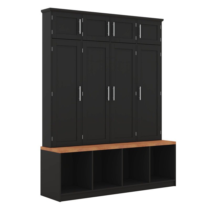 Hall Tree With 4 Hidden Hanging Hooks, Versatile Walnut Seating Bench With 8 Doors, Entryway Shoe Cabinet With Open Compartments