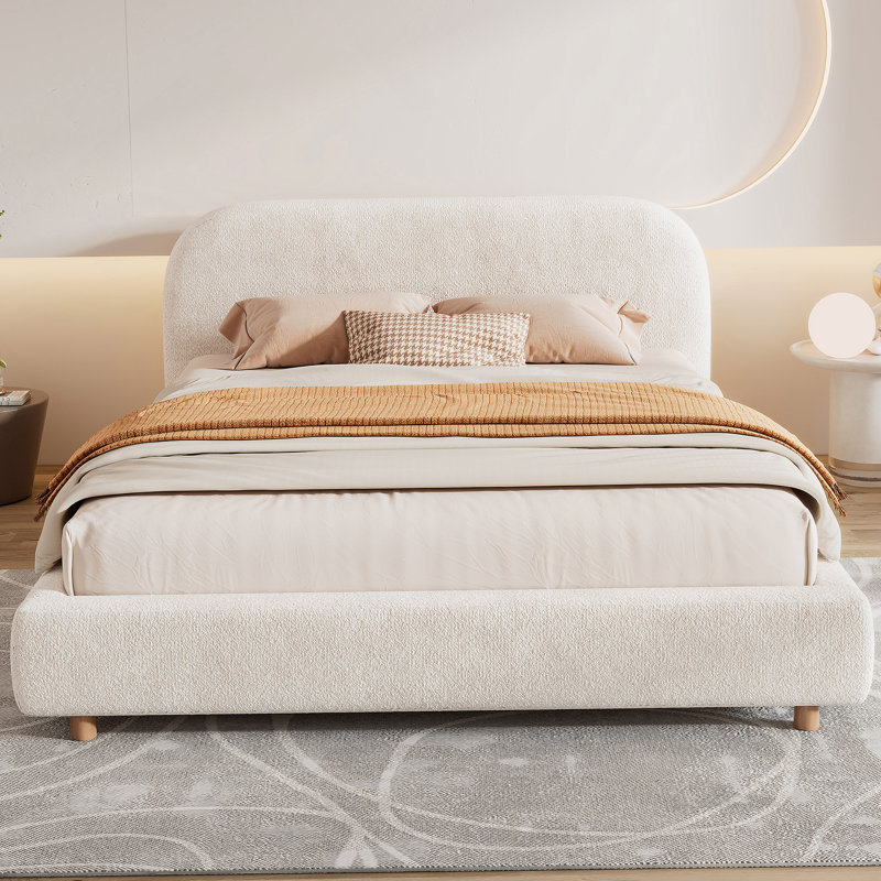 Lit plateforme grand avec tissu Boucle, lit plateforme tapissier en tissu Boucle avec tête de lit courbée, blanc, assemblage facile
