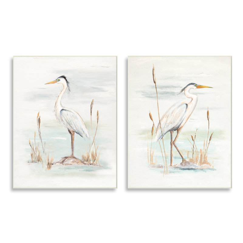 «Elegant Heron Birds Cattails Plants in Water» par Patricia Pinto - ensemble de 2 peintures, H 19 po x l 13 po x P 0,5 po