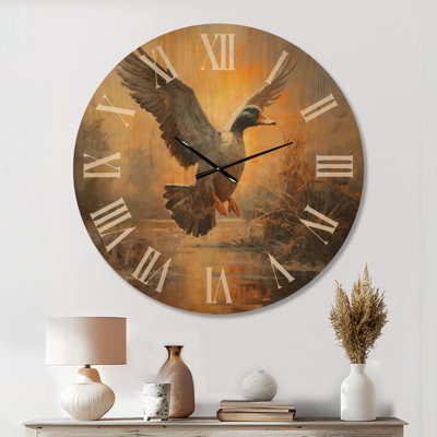 Horloge murale surdimensionnée de la faune - vol de canard rétro à l'étang II, imprimé sur bois