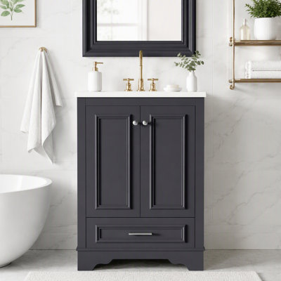 Meuble-lavabo de 61 cm (24 po) avec lavabo en résine, meuble autoportant à une porte et étagère réglable, structure en bois massif et MDF, de style moderne, blanc