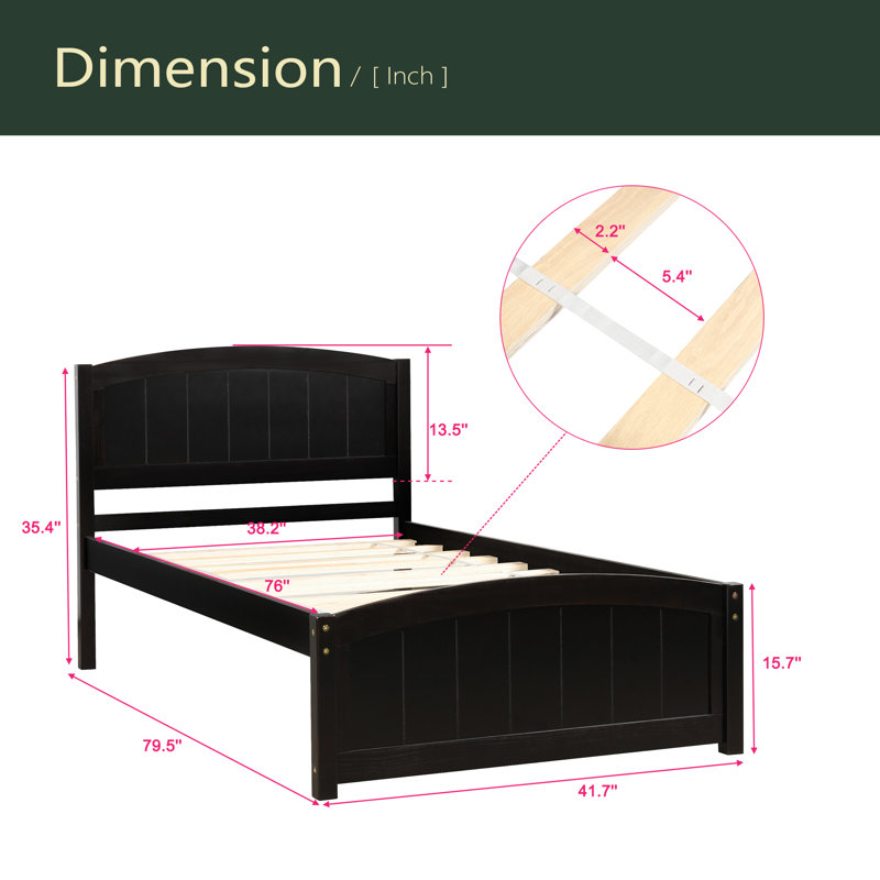 Lit plateforme en bois avec tête de lit, pied de lit et lattes en bois, Espresso