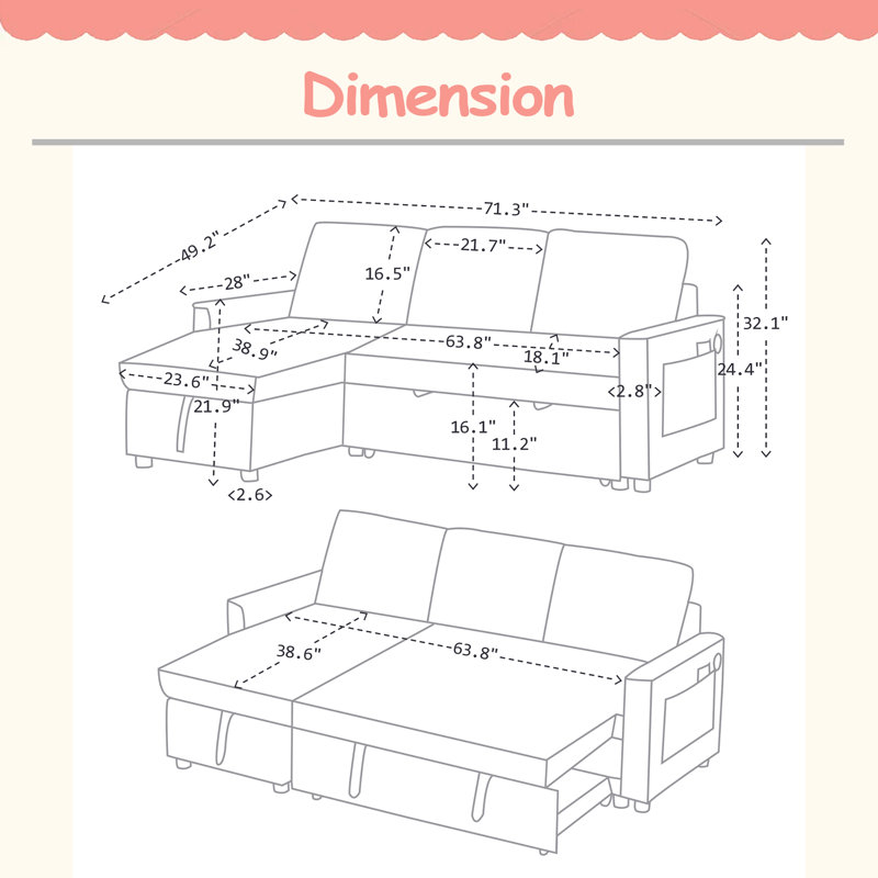 Canapé inclinable de 71,3 po, canapé-lit escamotable avec ports de chargement USB et tape-c, canapé modulaire en L avec rangement inclinable et rangement avec accoudoirs latéraux, canapé confortable pour le salon