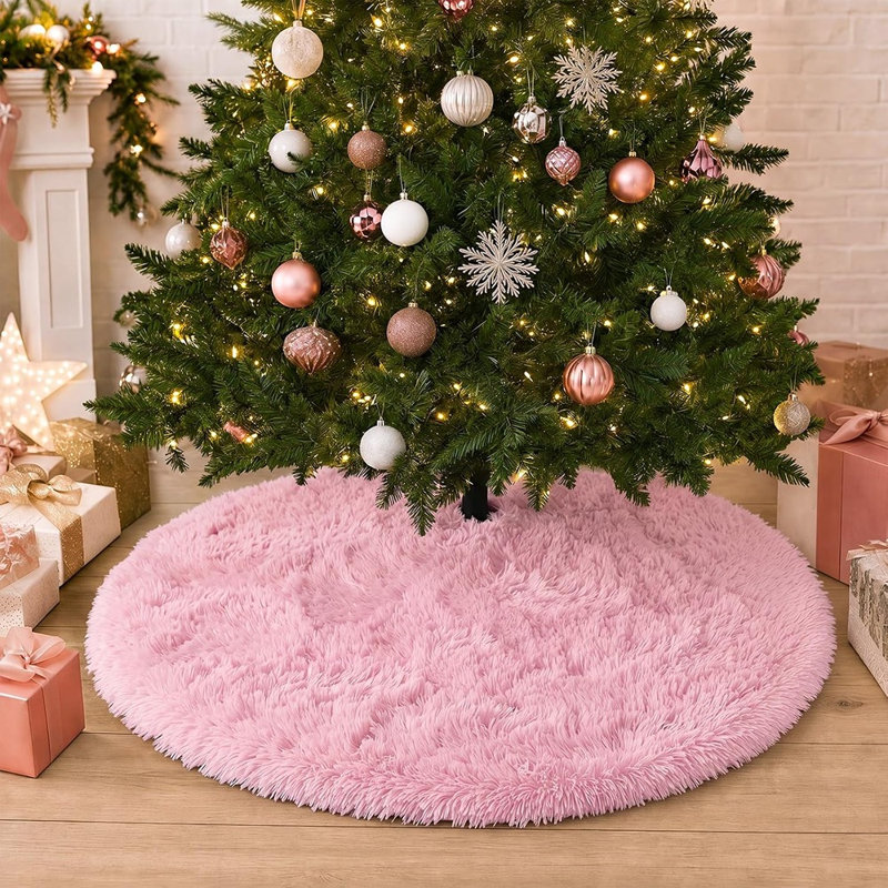 Jupe de sapin de Noël en fausse fourrure rose – Cache-pied de sapin duveteux et moelleux pour une ambiance chaleureuse pendant les fêtes et la décoration intérieure