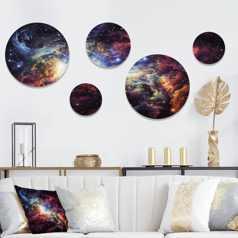 Nébuleuse rose et orange Vortex IV - Galaxies, ensemble d'art mural rond de 5