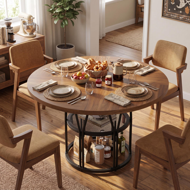 Table de salle à manger industrielle moderne, ronde de 119 cm (47 po), pour 4 à 6 personnes, gain de place grâce à sa tablette de rangement intégrée. Structure métallique robuste. Parfait pour la cuisine, la salle à manger, un appartement ou un bureau. Couleur : marron.