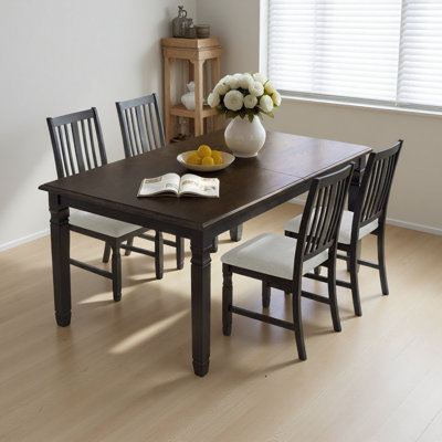 5-Piece Extendable Dining Table Set for 4,Farmhouse Veneer Table and 4 Upholstered Slat Back Chairs, Solid Rubberwood Frame Space-Saving Dining Set fo