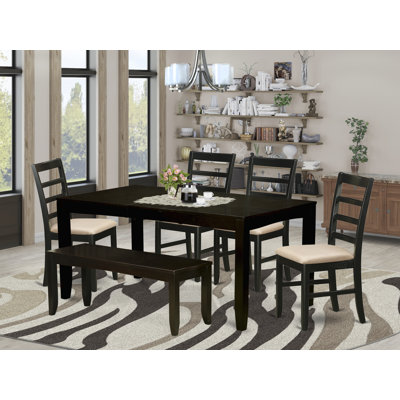 L'ensemble de table de salle à manger 6 pièces contient une table de salle à manger rectangulaire avec feuille papillon et 4 chaises rembourrées en tissu de lin avec un banc, 36 x 66 pouces, cappuccino