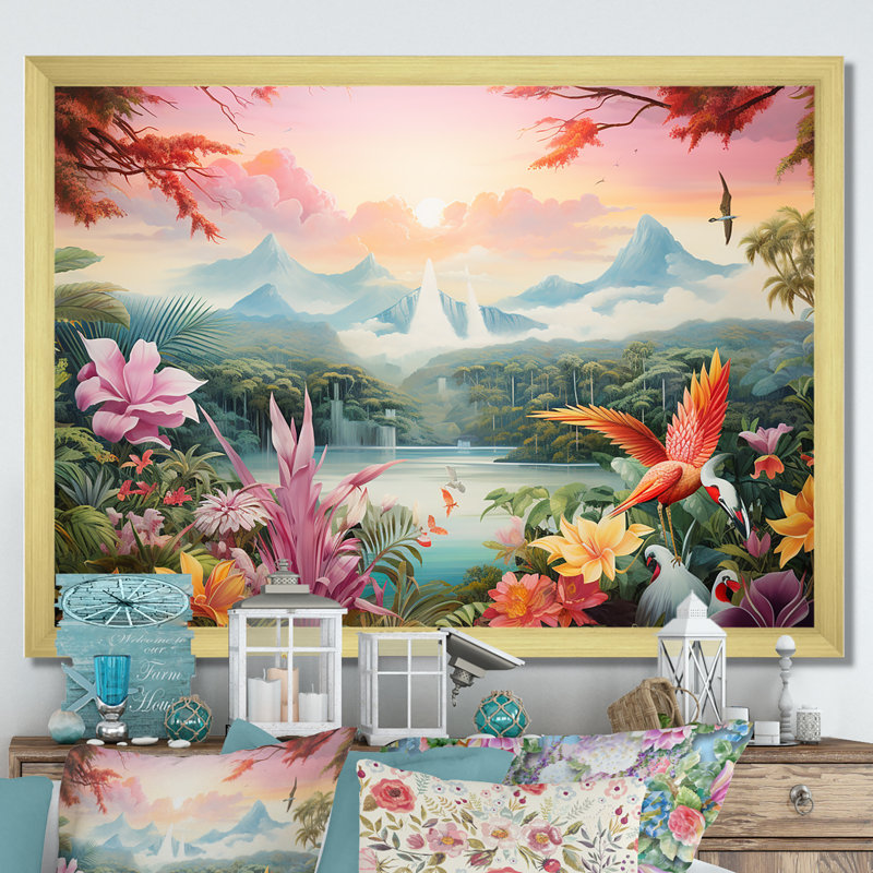 Décoration d'oiseaux de paradis devant le lac - Décoration murale oiseaux de paradis, H 12 po x l 20 po x P 1 po