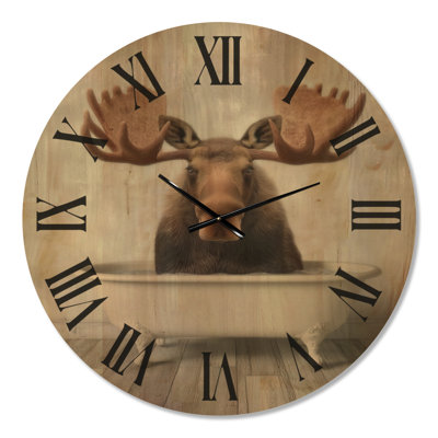 Large Wildlife Clock – Gentle Moose in a Bathtub, Printed on Wood