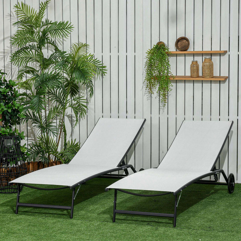 Ensemble de 2 chaises longues d'extérieur avec 5 positions réglables et roues pour la piscine