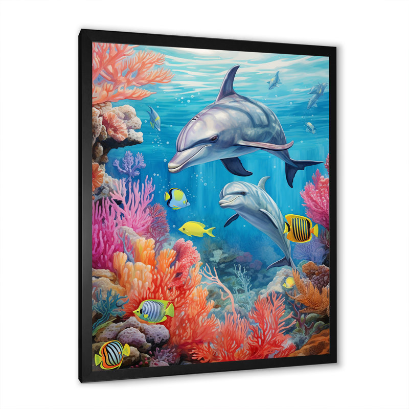 «Dolphin Family Ocean Ballet» sur toile, H 40 po x l 30 po x P 1,5 po, Cadre simple noir