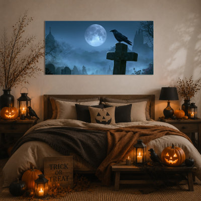 Large Gothic Halloween Wall Art - Raven and Full Moon Night Witch Canvas Painting, Spooky Dark Fantasy Picture Artwork for Witchy Home Decor, Wrapped Canvas with Pine Frame, 28×58 Inches