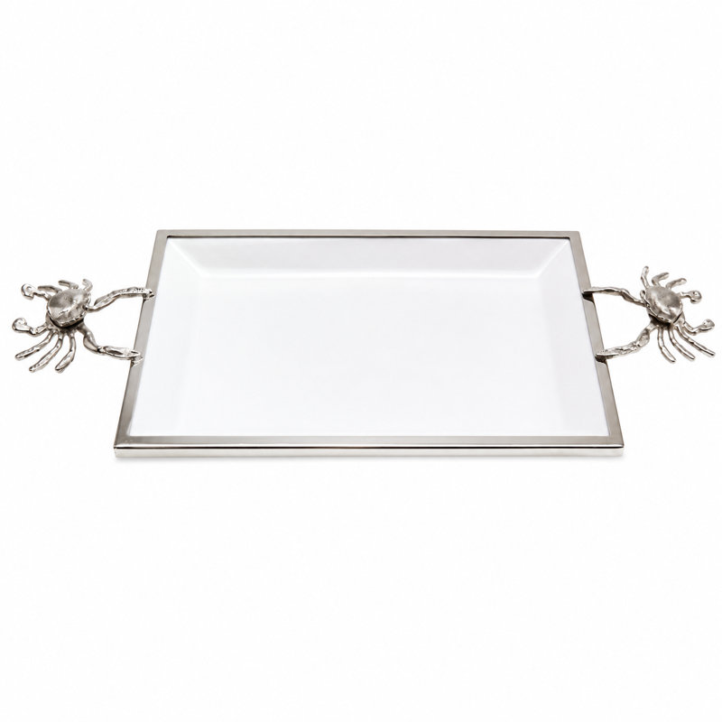 Plateau de service rectangulaire en céramique blanche avec poignées en crabe en métal, L 23 po