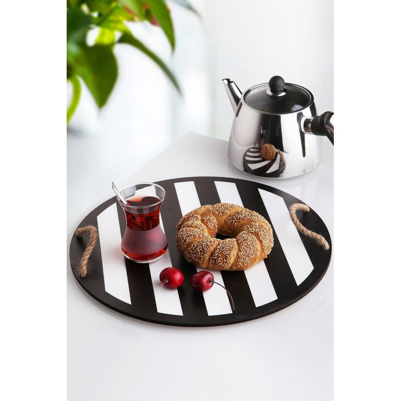 Elegant 100% Wooden Serving Tray with Knitted Holder, Black & White, 13.6 x 13.6 x 0.2 inches | Stylish and Functional for Entertaining | Perfect for Home Decor and Serving Snacks | Not Dishwasher or Microwave Safe