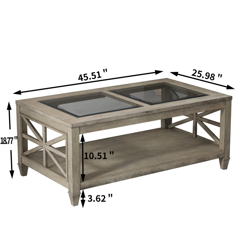 Wexford Collection 45.5'' Glass Top Coffee Table with Storage Shelf, Transitional Wood Coffee Table with X-Side Accents for Living Room